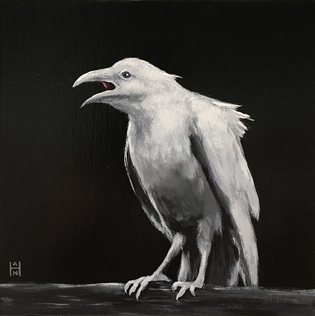 White Raven, acrylic on canvas, 12" x 12"